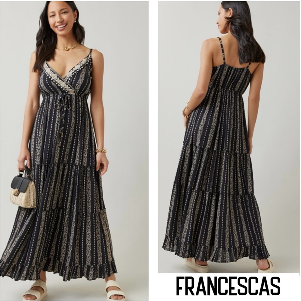(7)New Francesca’s Starla Surplice Black &Cream Floral Spring/Summer Maxi Dress